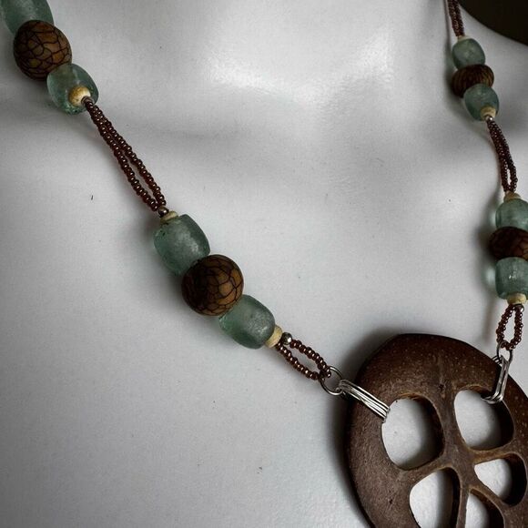 Handmade Silver Glass & Wood Beaded  Necklace - Picture 4 of 9